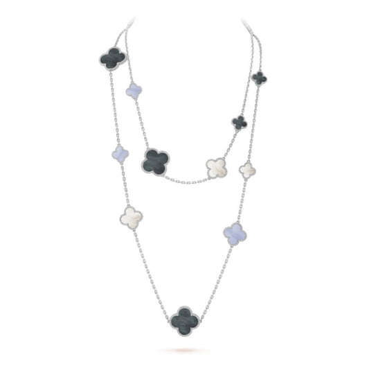 [WZQ]CLOVER 16 MOTIF CHALCEDONY MOP SILVER NECKLACE