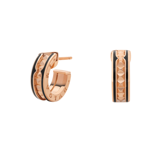 [WZQ]ZERO 1 ROCK PINK GOLD EARRINGS WITH STUDDED SPIRAL AND BLACK CERAMIC