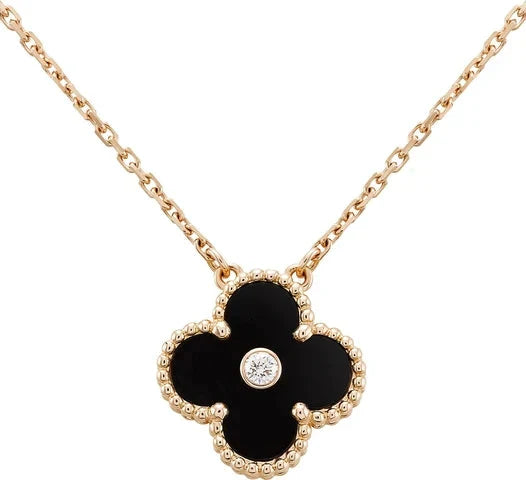 [WZQ]CLOVER 15MM DIAMOND ONYX NECKLACE