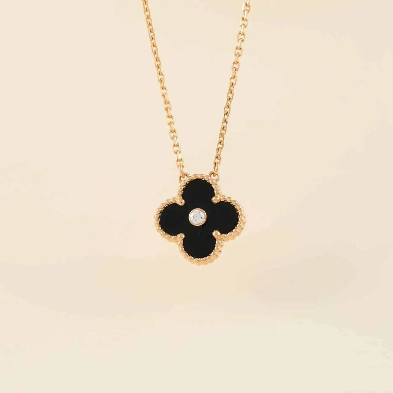[WZQ]CLOVER 15MM DIAMOND ONYX NECKLACE