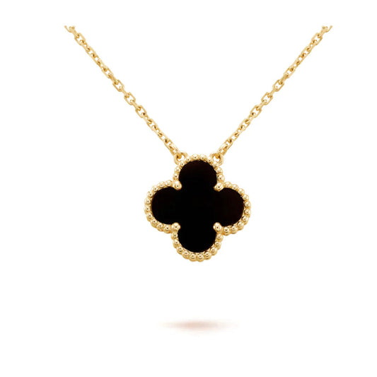 [WZQ]CLOVER 15MM BLACK ONYX SINGLE FLOWER NECKLACE