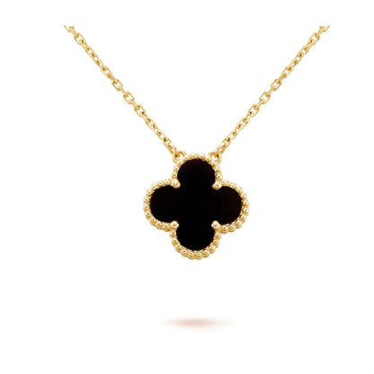 [WZQ]CLOVER 15MM BLACK ONYX SINGLE FLOWER NECKLACE