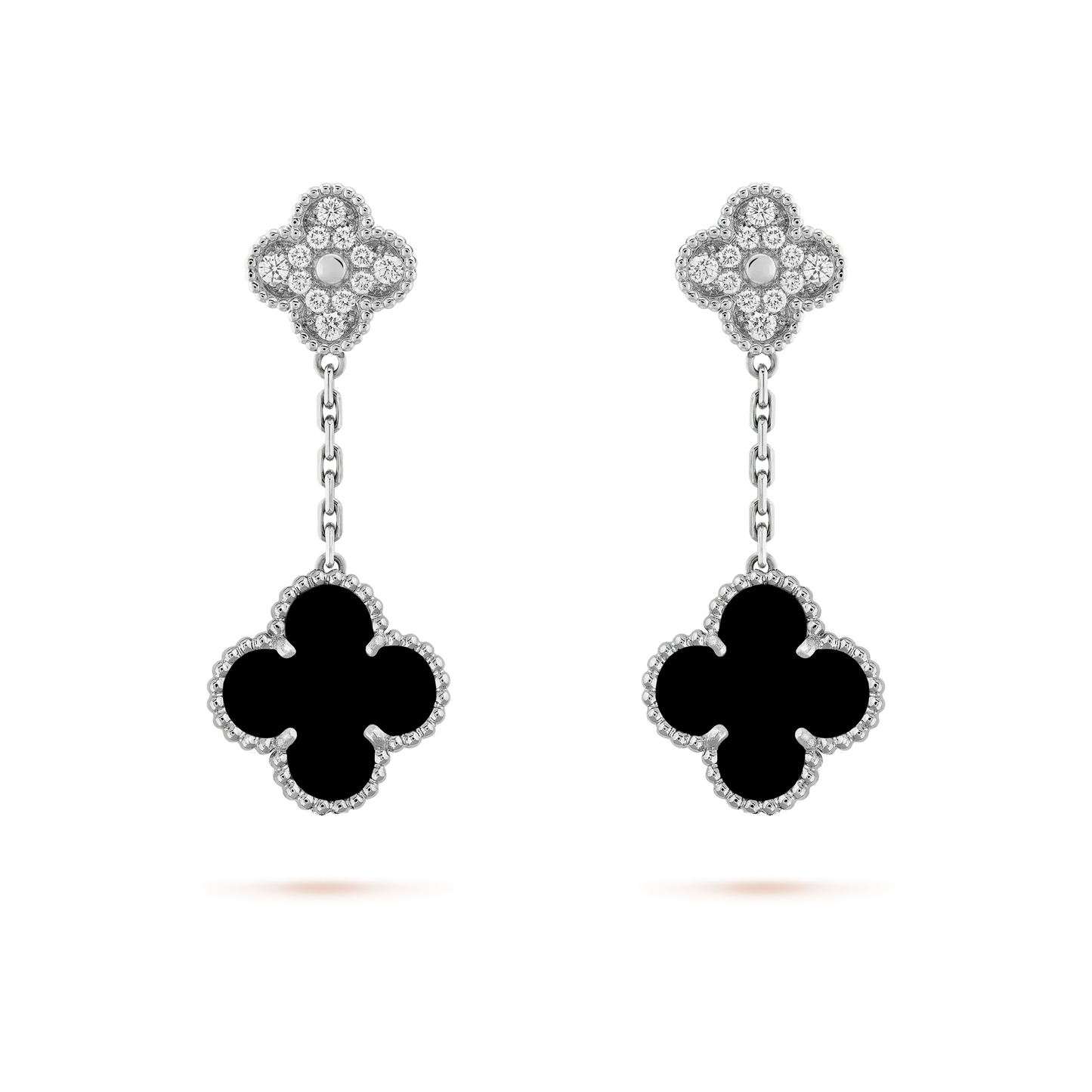 [WZQ]CLOVER 2 MOTIFS  DIAMOND ONYX EARRINGS SILVER