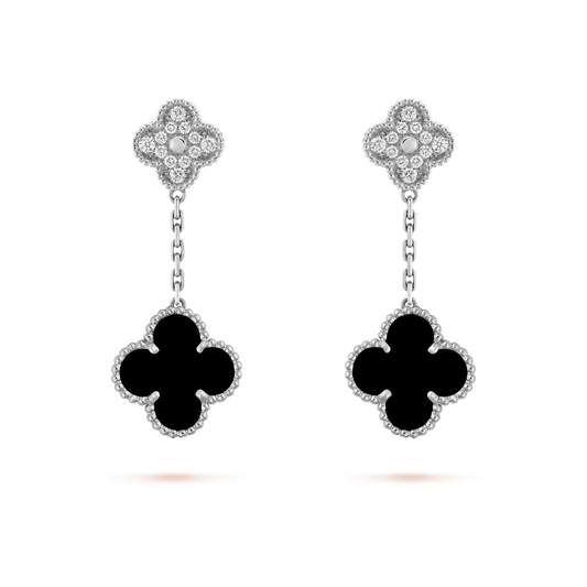 [WZQ]CLOVER 2 MOTIFS  DIAMOND ONYX EARRINGS SILVER