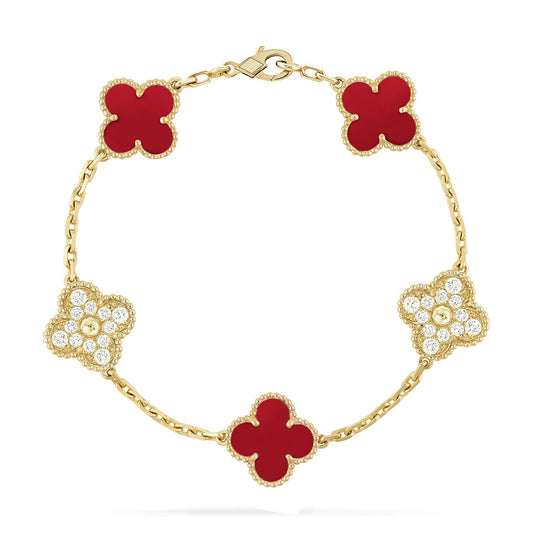 [WZQ]CLOVER 5 MOTIFS CARNELIAN DIAMOND BRACELET