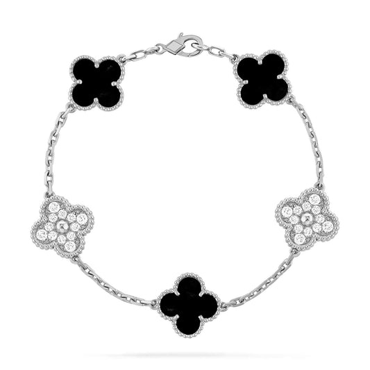 [WZQ]CLOVER 5 MOTIF ONYXS DIAMOND BRACELET SILVER