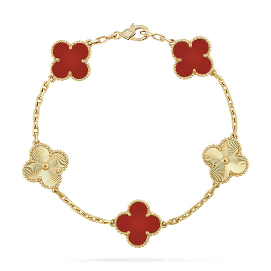 [WZQ]CLOVER  5 MOTIFS CARNELIAN GOLD BRACELET