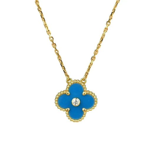 [WZQ]CLOVER 15MM DIAMOND AND BLUE AGATE NECKLACE