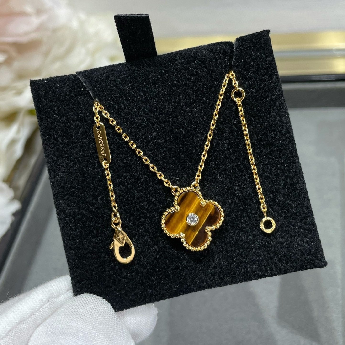 [WZQ]CLOVER 15MM DIAMOND AND YELLOW TIGER'S EYE AGATE necklace