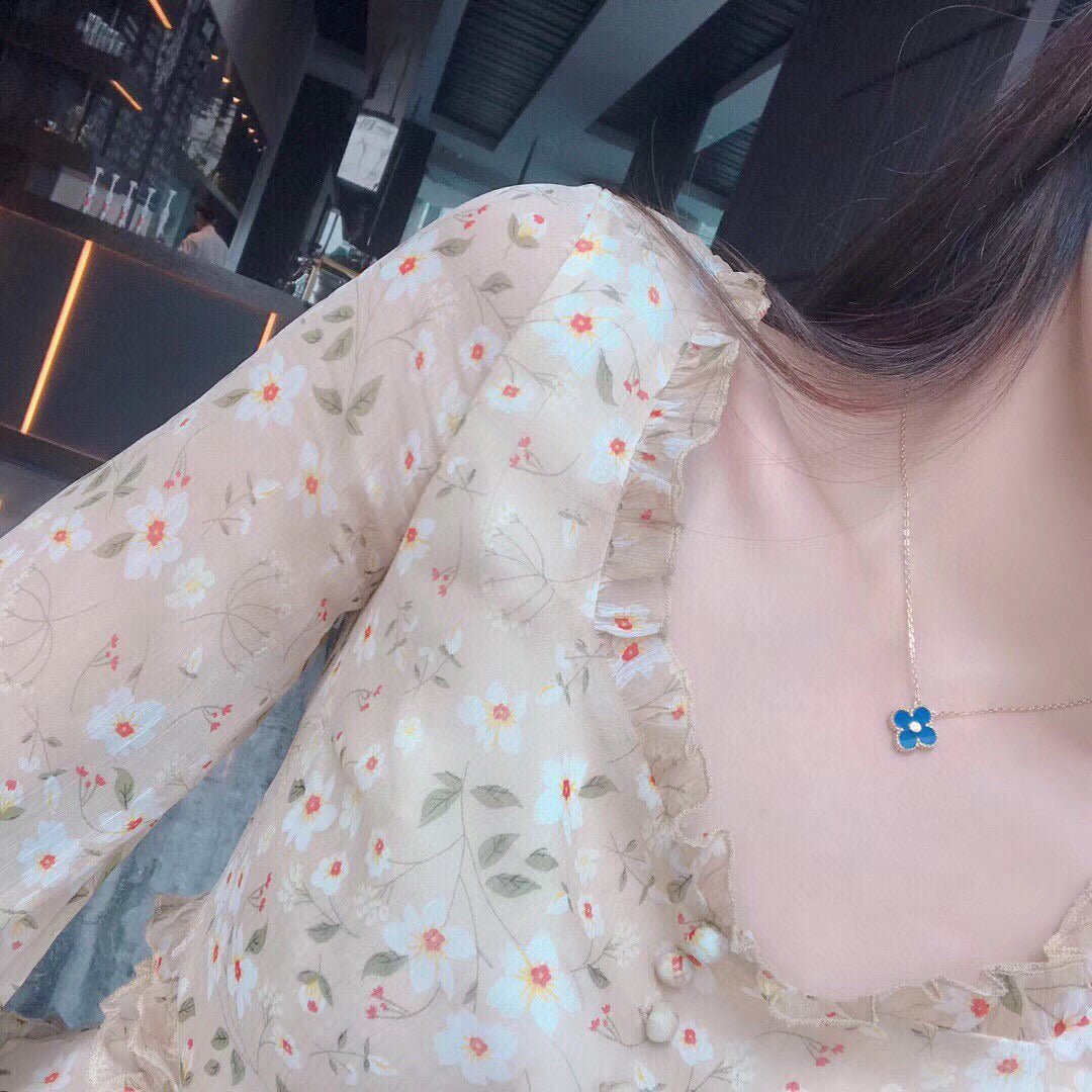 [WZQ]CLOVER 15MM DIAMOND AND BLUE AGATE NECKLACE