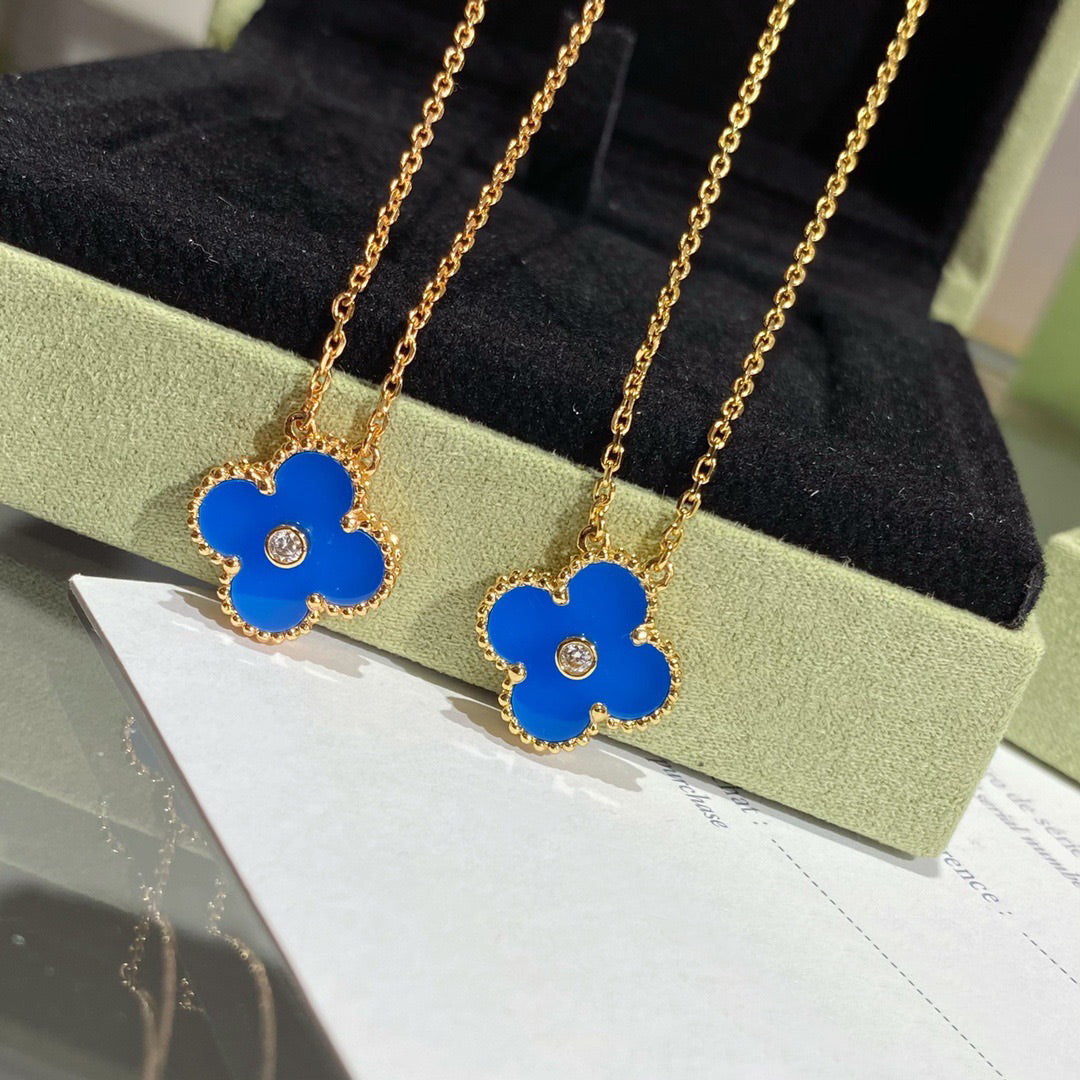 [WZQ]CLOVER 15MM DIAMOND AND BLUE AGATE NECKLACE