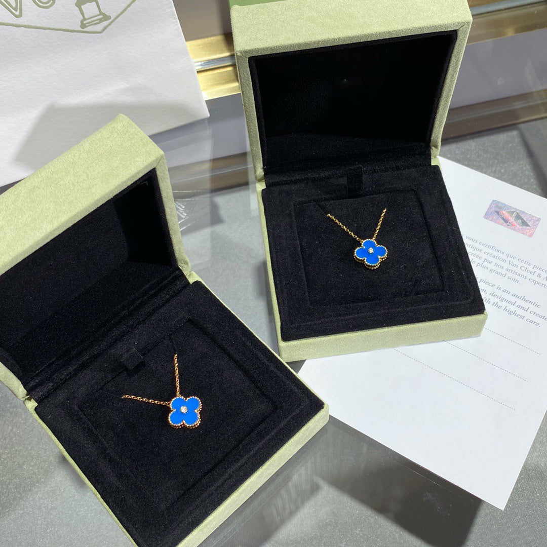 [WZQ]CLOVER 15MM DIAMOND AND BLUE AGATE NECKLACE