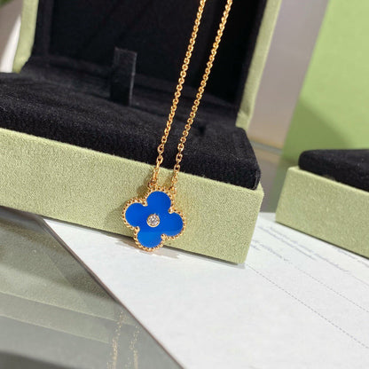 [WZQ]CLOVER 15MM DIAMOND AND BLUE AGATE NECKLACE