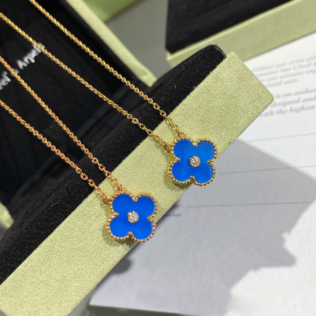[WZQ]CLOVER 15MM DIAMOND AND BLUE AGATE NECKLACE