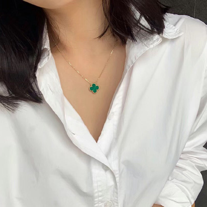 [WZQ]CLOVER 15MM MALACHITE SINGLE FLOWER  NECKLACE