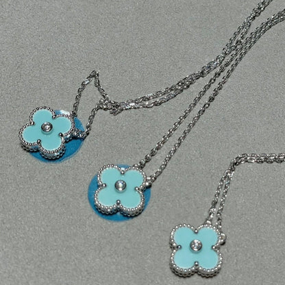 [WZQ]CLOVER 1 DIAMOND LIGHT BLUE SILVER NECKLACE