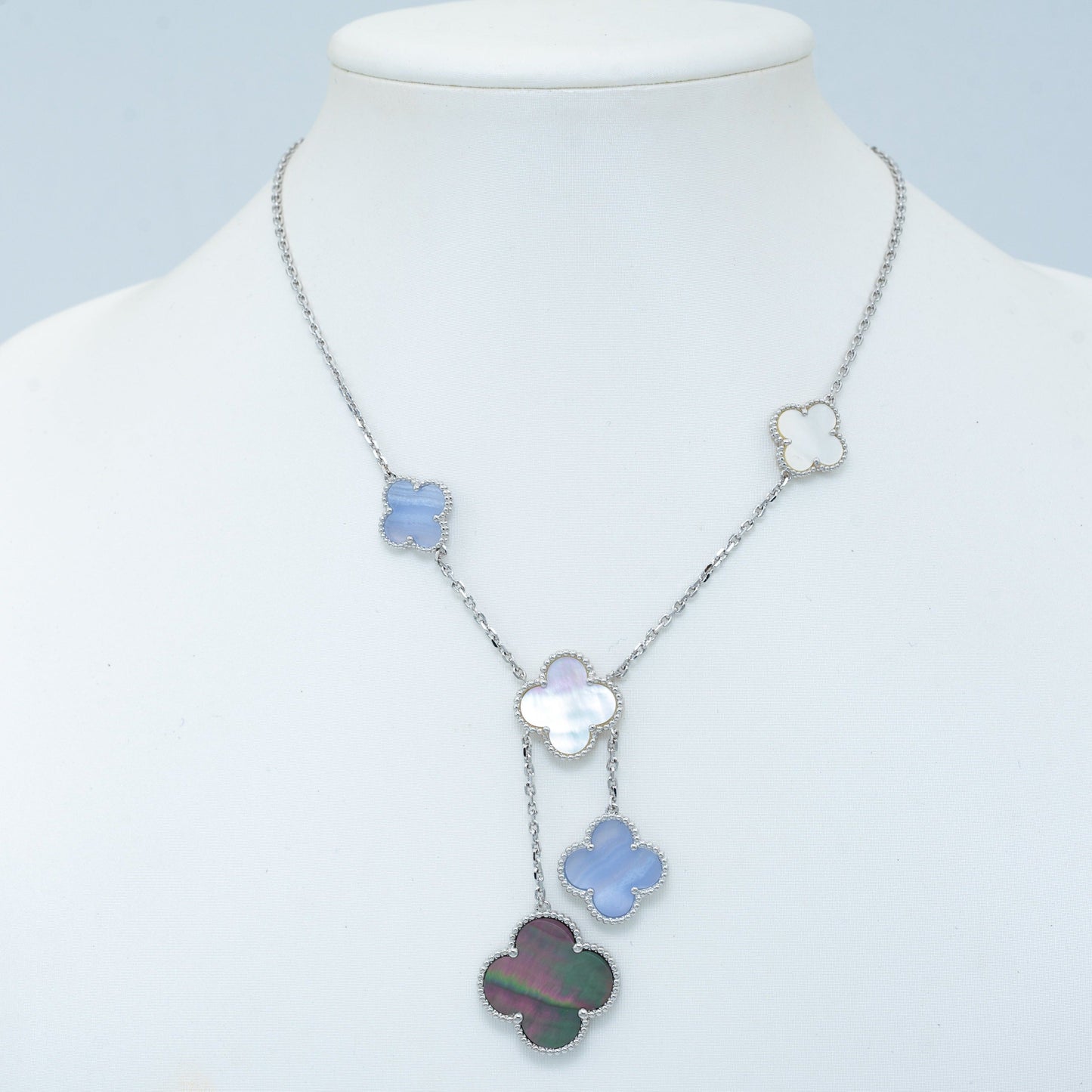 [WZQ]CLOVER MOP CHALCEDONY NECKLACE SILVER 6 MOTIF