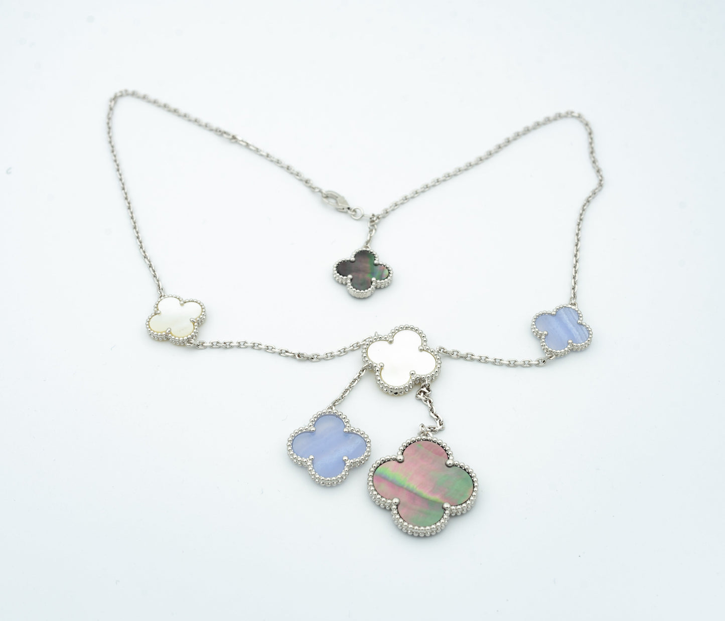 [WZQ]CLOVER MOP CHALCEDONY NECKLACE SILVER 6 MOTIF