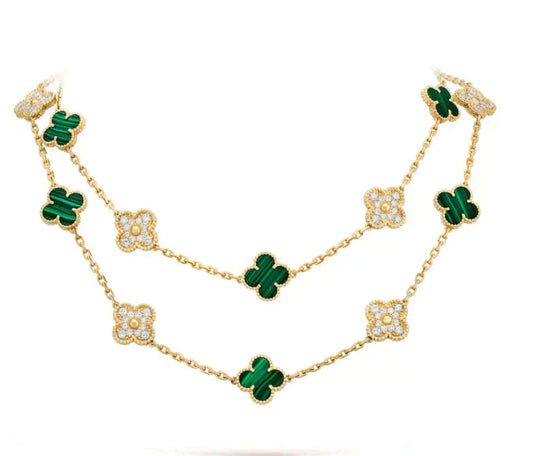 [WZQ]CLOVER 20 MOTIFS MALACHITE DIAMOND NECKLACE