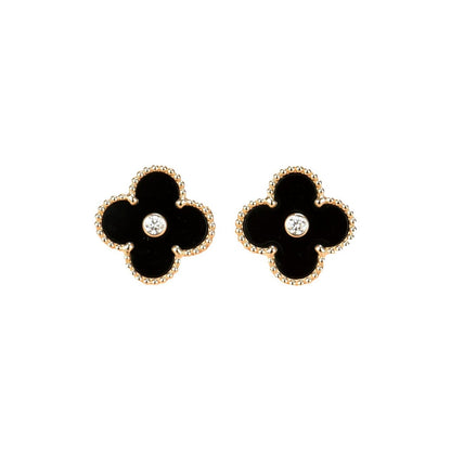 [WZQ]CLOVER MEDIUM 1 MOTIFS ONYX DIAMOND EARRINGS