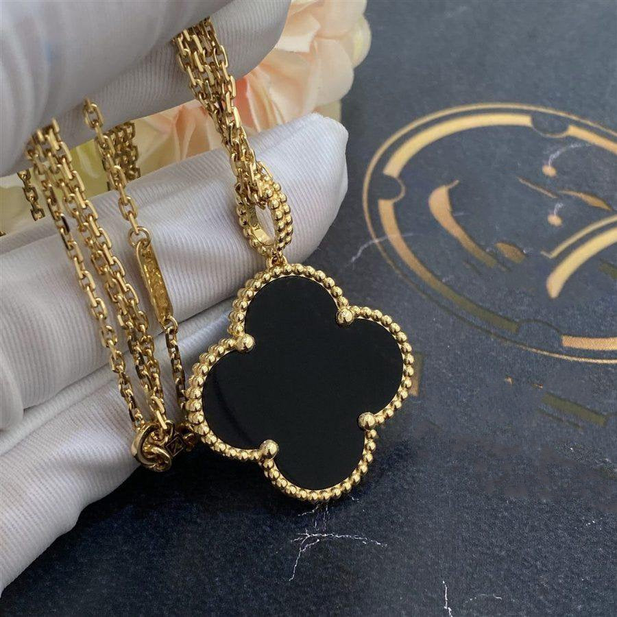 [WZQ]CLOVER 25MM GOLD ONYX BIG CLOVER NECKLACE