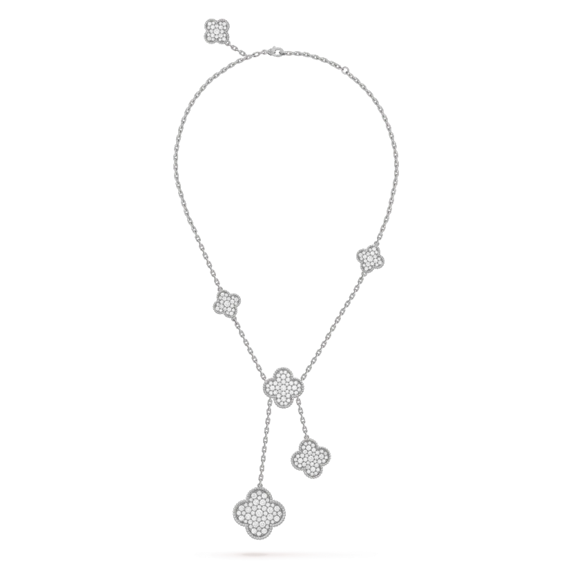 [WZQ]CLOVER 5 MOTIFS SILVER DIAMONDS NECKLACE