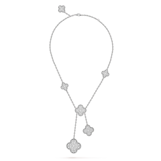 [WZQ]CLOVER 5 MOTIFS SILVER DIAMONDS NECKLACE