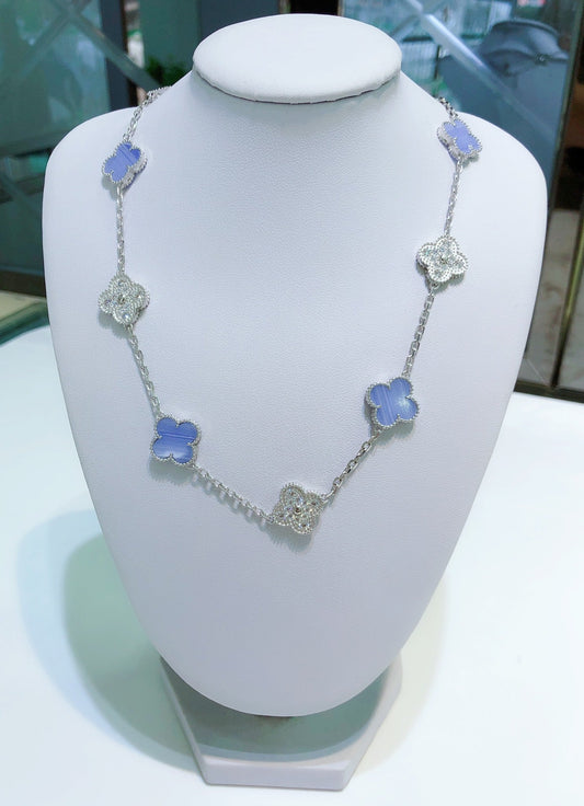 [WZQ]CLOVER 10 MOTIFS CHALCEDONY DIAMONDS SILVER NECKLACE