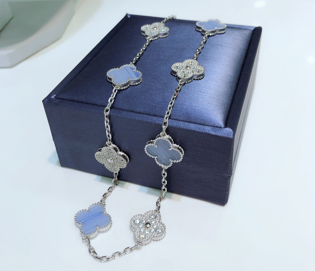 [WZQ]CLOVER 10 MOTIFS CHALCEDONY DIAMONDS SILVER NECKLACE