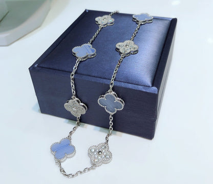 [WZQ]CLOVER 10 MOTIFS CHALCEDONY DIAMONDS SILVER NECKLACE