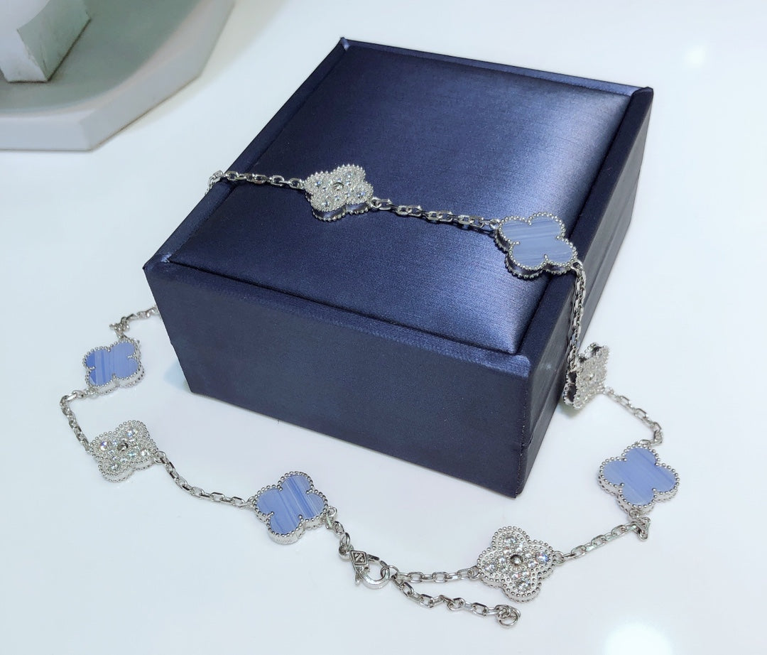 [WZQ]CLOVER 10 MOTIFS CHALCEDONY DIAMONDS SILVER NECKLACE