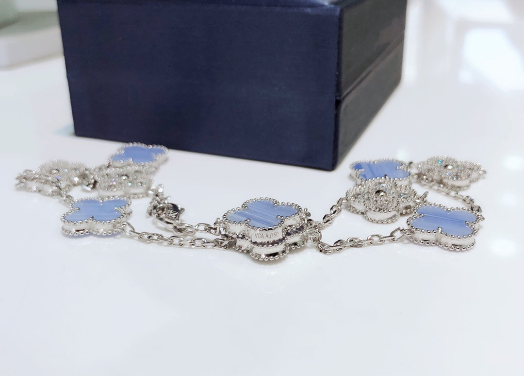 [WZQ]CLOVER 10 MOTIFS CHALCEDONY DIAMONDS SILVER NECKLACE