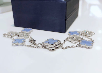 [WZQ]CLOVER 10 MOTIFS CHALCEDONY DIAMONDS SILVER NECKLACE