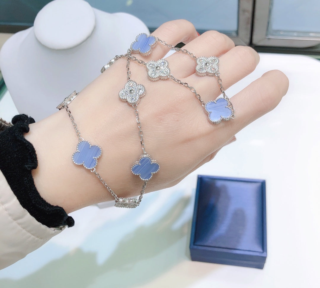 [WZQ]CLOVER 10 MOTIFS CHALCEDONY DIAMONDS SILVER NECKLACE
