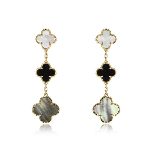 [WZQ]CLOVER EARRINGS GOLD ONYX MOP 3 MOTIF